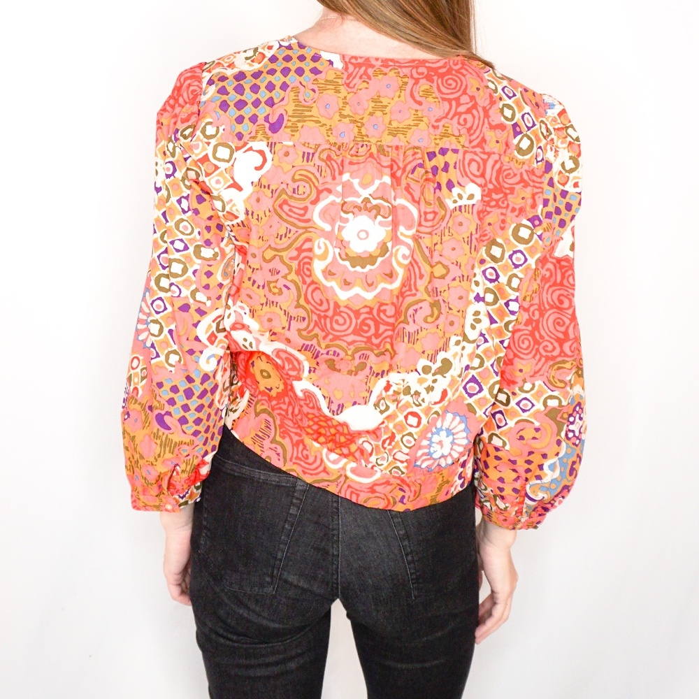 J. CREW Cotton Wrap Paisley Top Red Long Sleeve - Picture 3 of 7